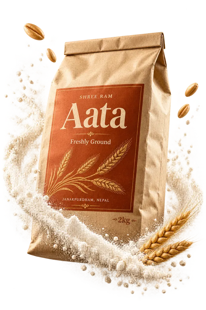 Concept Shree Ram Aata pouch surrounded by wheat and a flourish of fine flour